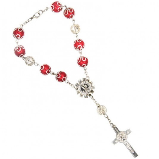 Náramok-ruženec s krížikom červený ý so vzorom