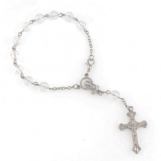 Náramok-ruženec korálkový s krížikom priehľadný