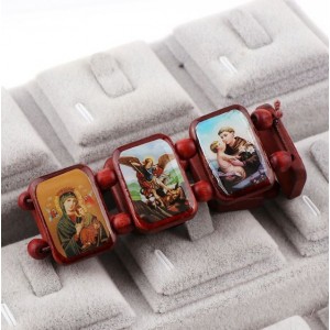 Náramok-ruženec so svätými obrázkami drevený