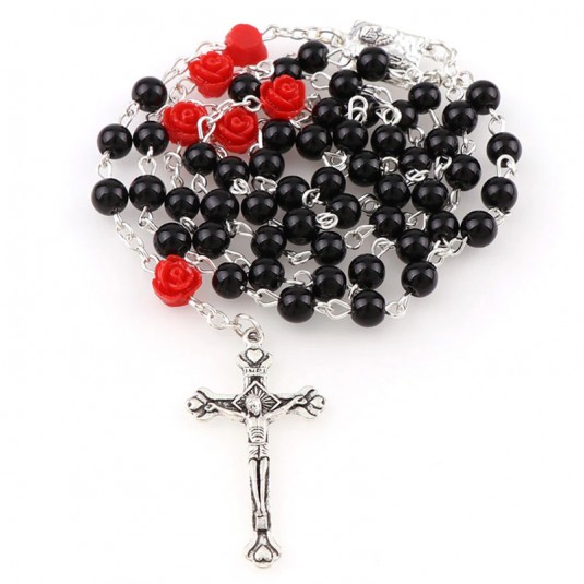 Ruženec čierny perlový s červenými ružami