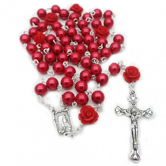 Ruženec s menom červený perlový s červenými ružami