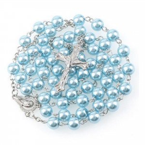 Ruženec s menom bledomodrý perlový